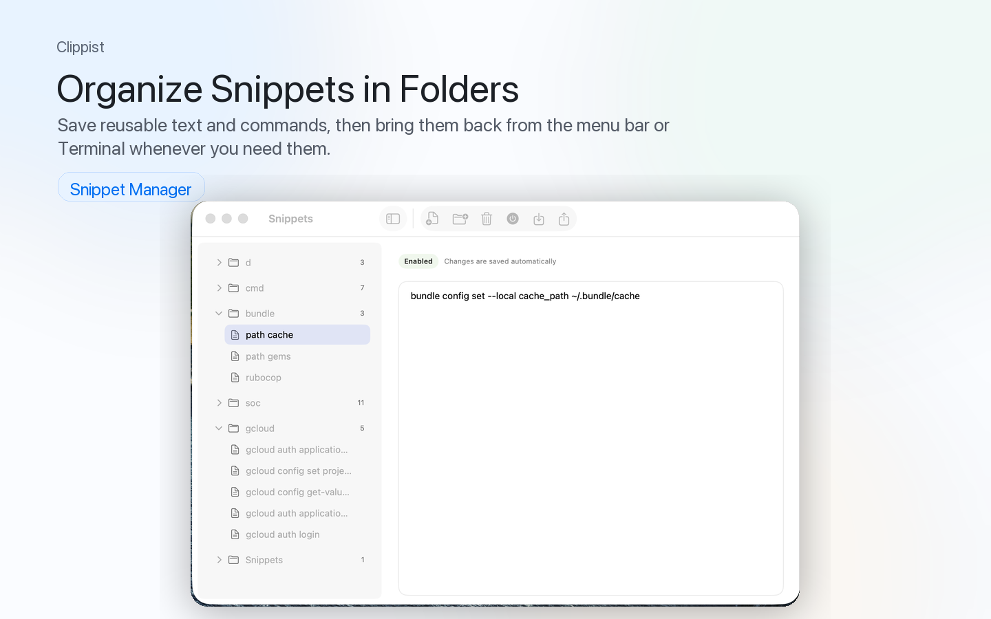 Clippist snippet manager. Organize snippets in folders.